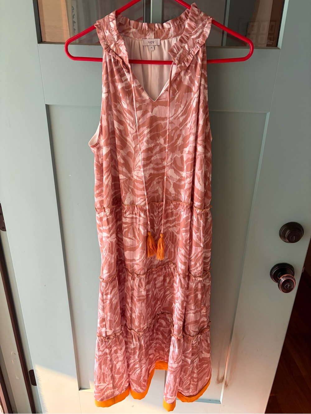 VOV Pink Patterned Sleeveless Tiered Maxi Dress with Tassel